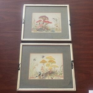 VTG MCM Set Of 2 Rigmor Yensen Mushrooms Fungi Textured Drawings; Signed 10”x11”
